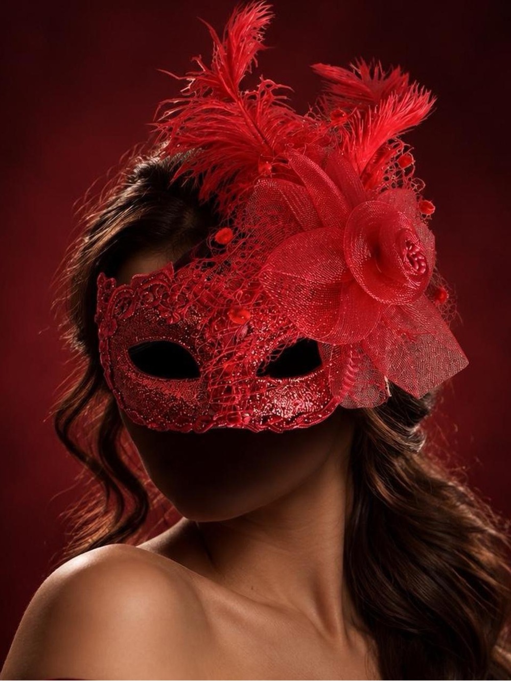 Red Feather Masquerade Mask Lace Floral Costume Accessory